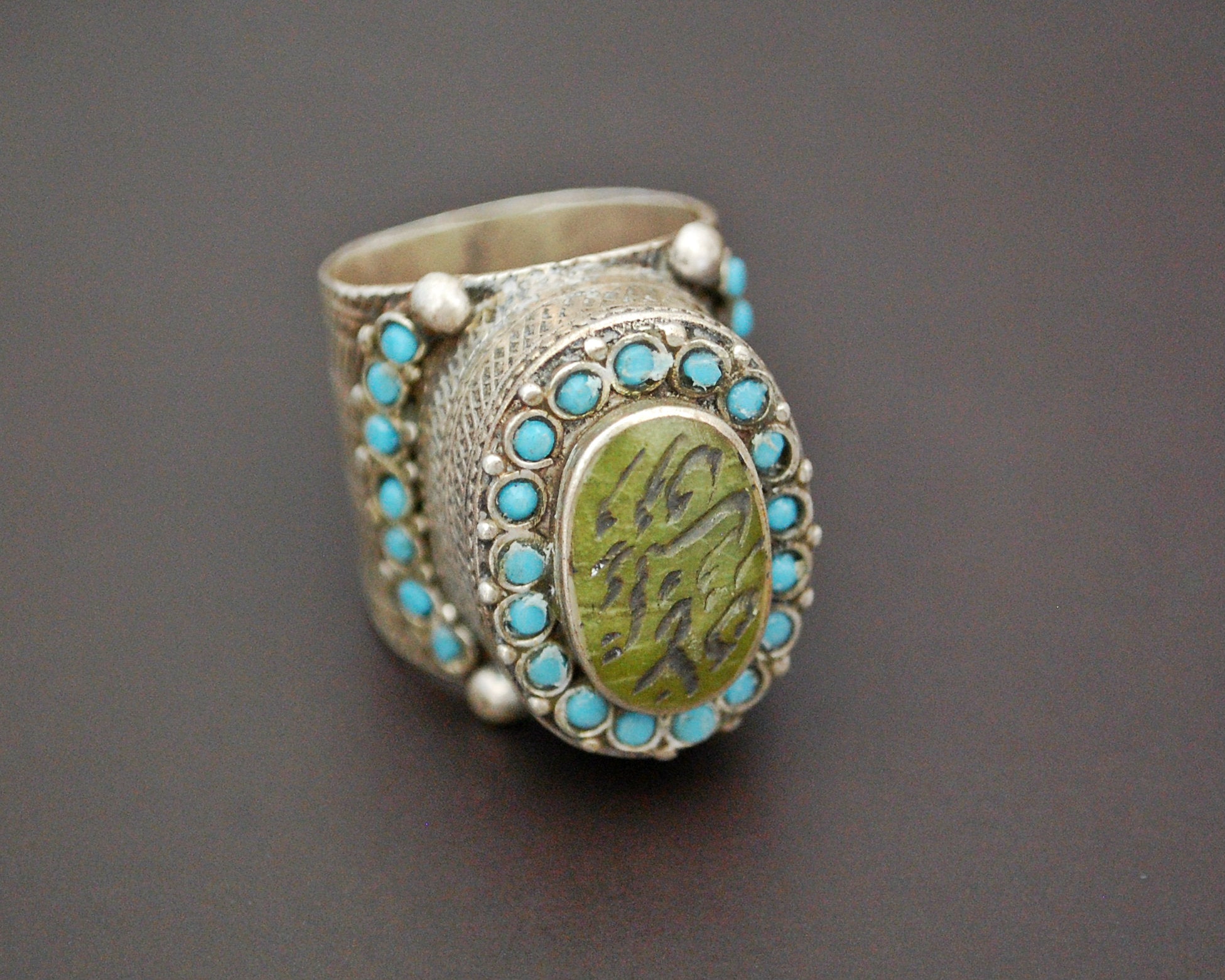 Antique Turkmen Ring with Turquoises - Size 9 / 9.5
