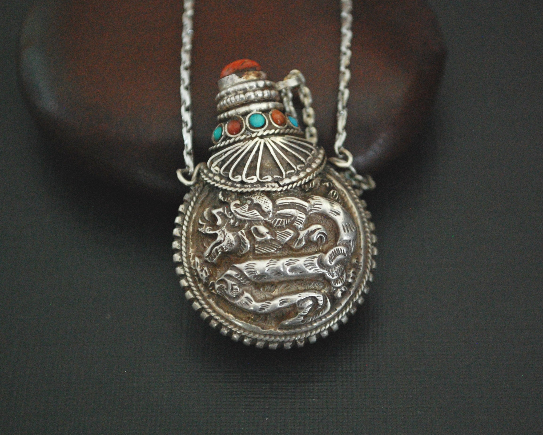 Nepali Repoussee Silver Parfum Bottle on Chain