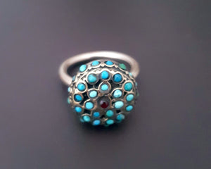 Central Asian Turquoise Garnet Silver Ring - Size 8