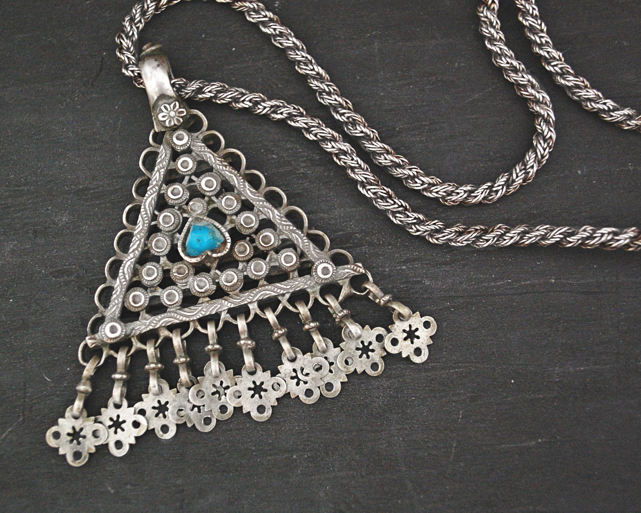 Antique Afghani Silver Turquoise Pendant on Woven Chain