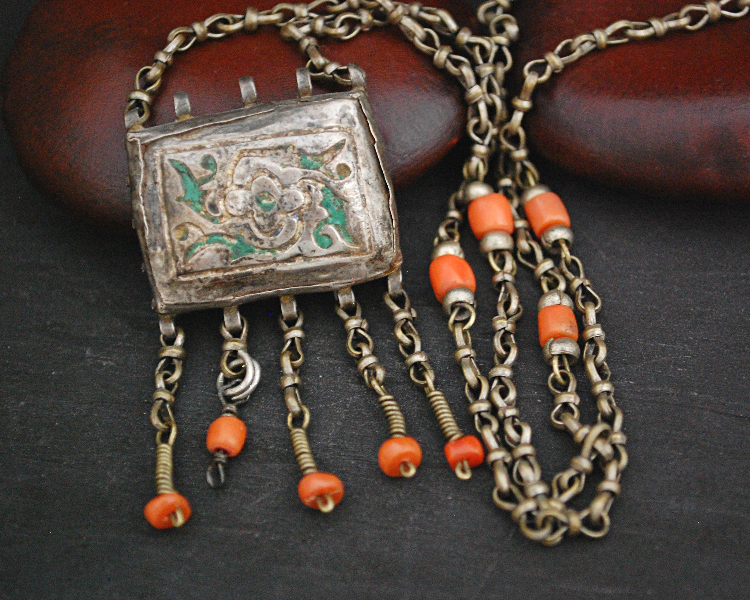 Old Uzbek Coral Box Necklace -