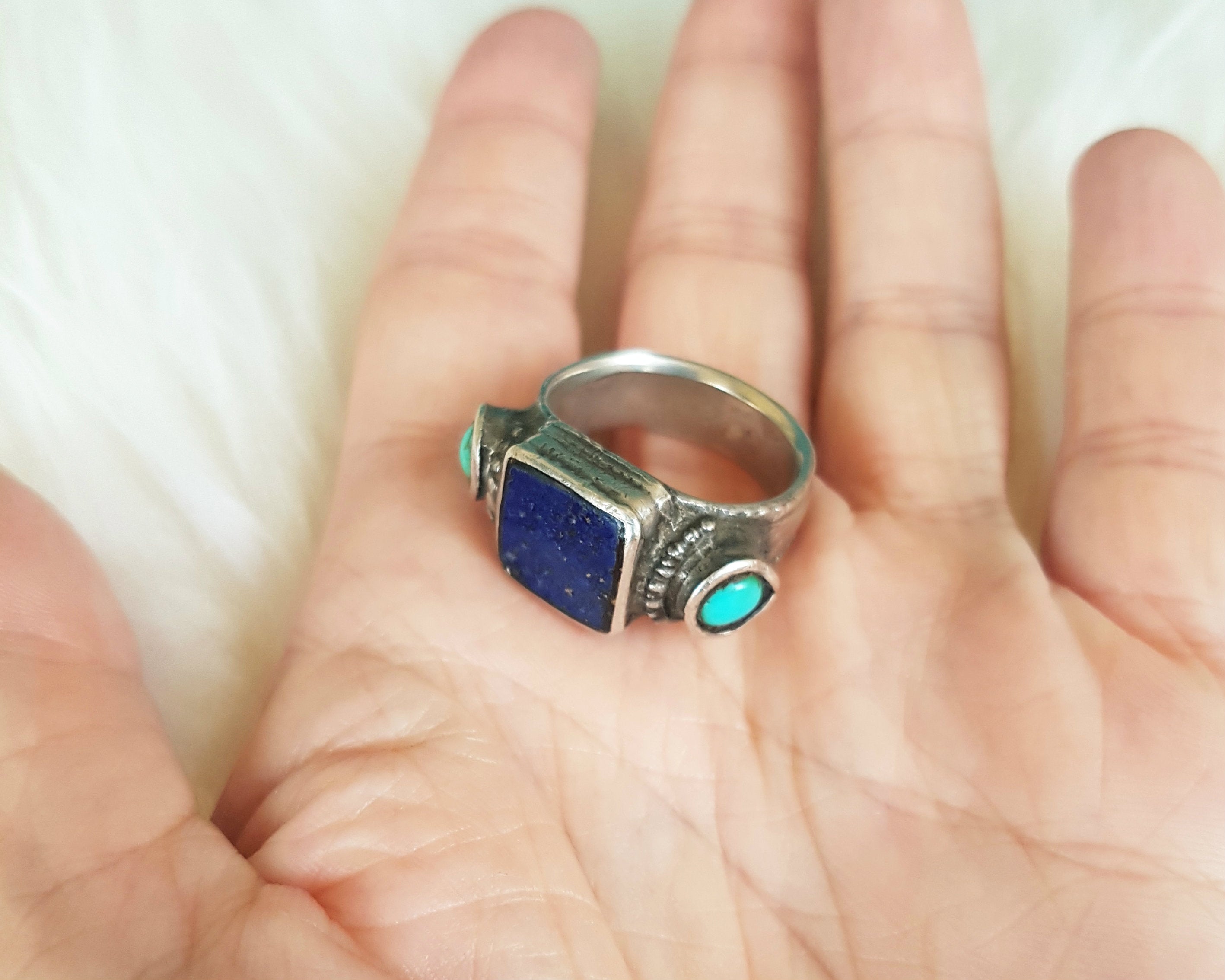 Tibetan Turquoise and Lapis Lazuli Ring - Size 7.75 / 8