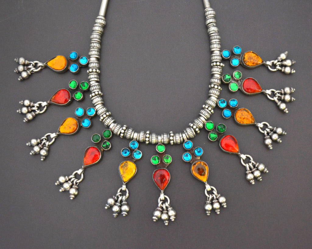 Colorful Rajasthani Silver Necklace with Glass Inserts