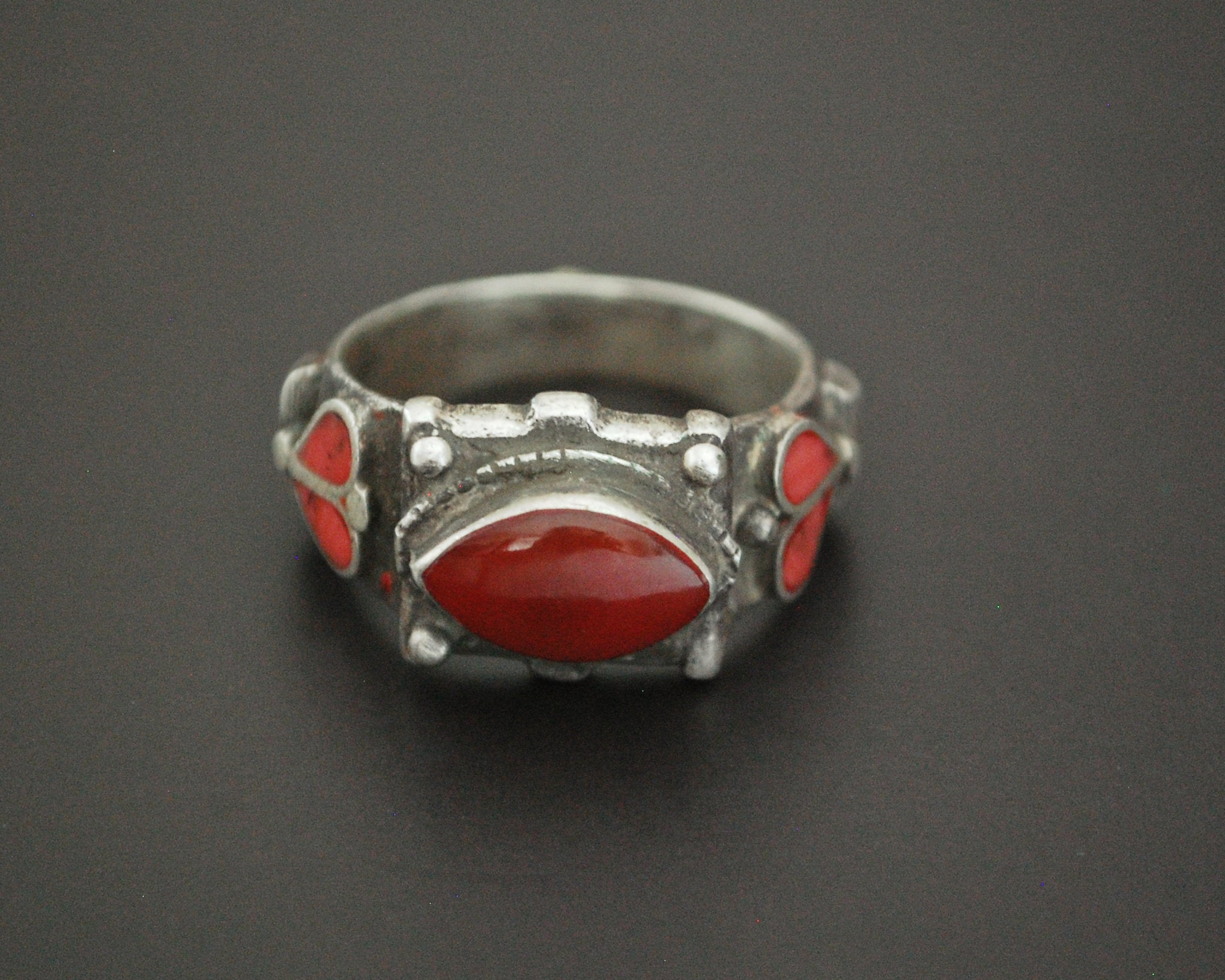 Old Afghani Coral and Carnelian Ring - Size 10.5