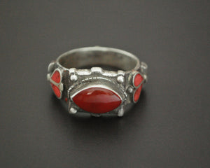 Old Afghani Coral and Carnelian Ring - Size 10.5