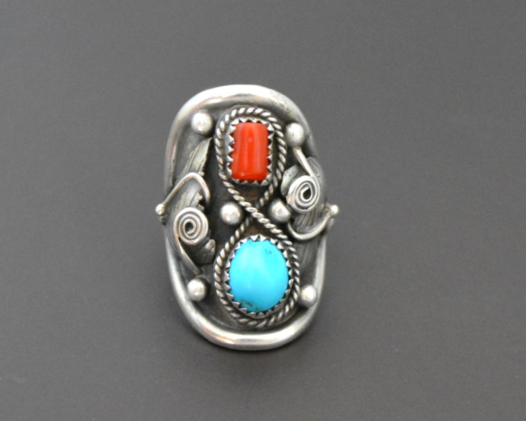 Native American Navajo Coral Turquoise Ring - Size 8.5