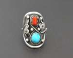 Native American Navajo Coral Turquoise Ring - Size 8.5