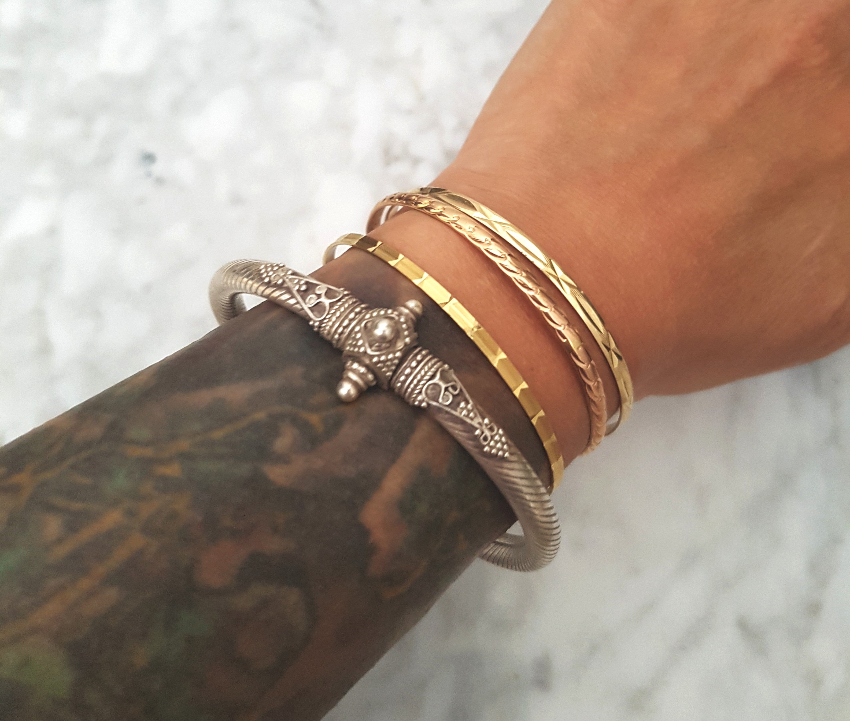 Ethnic Indian Silver Bracelet - Hinged