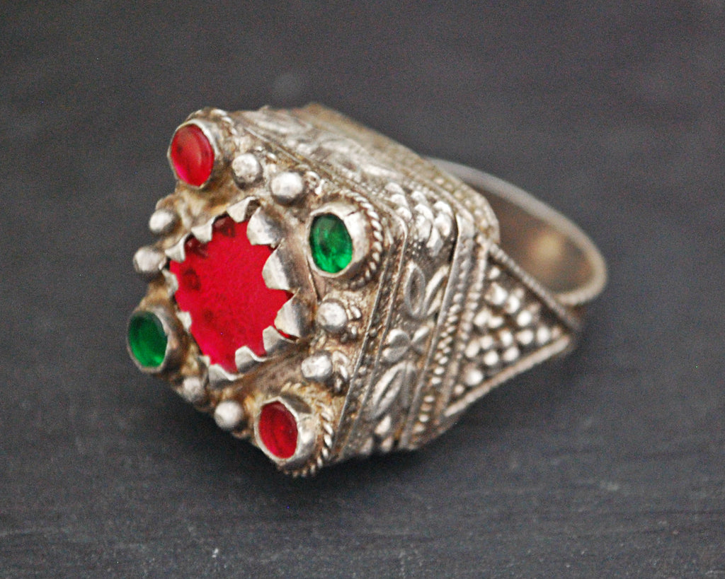 Pashtun Silver Ring with Red Glass - Size 9