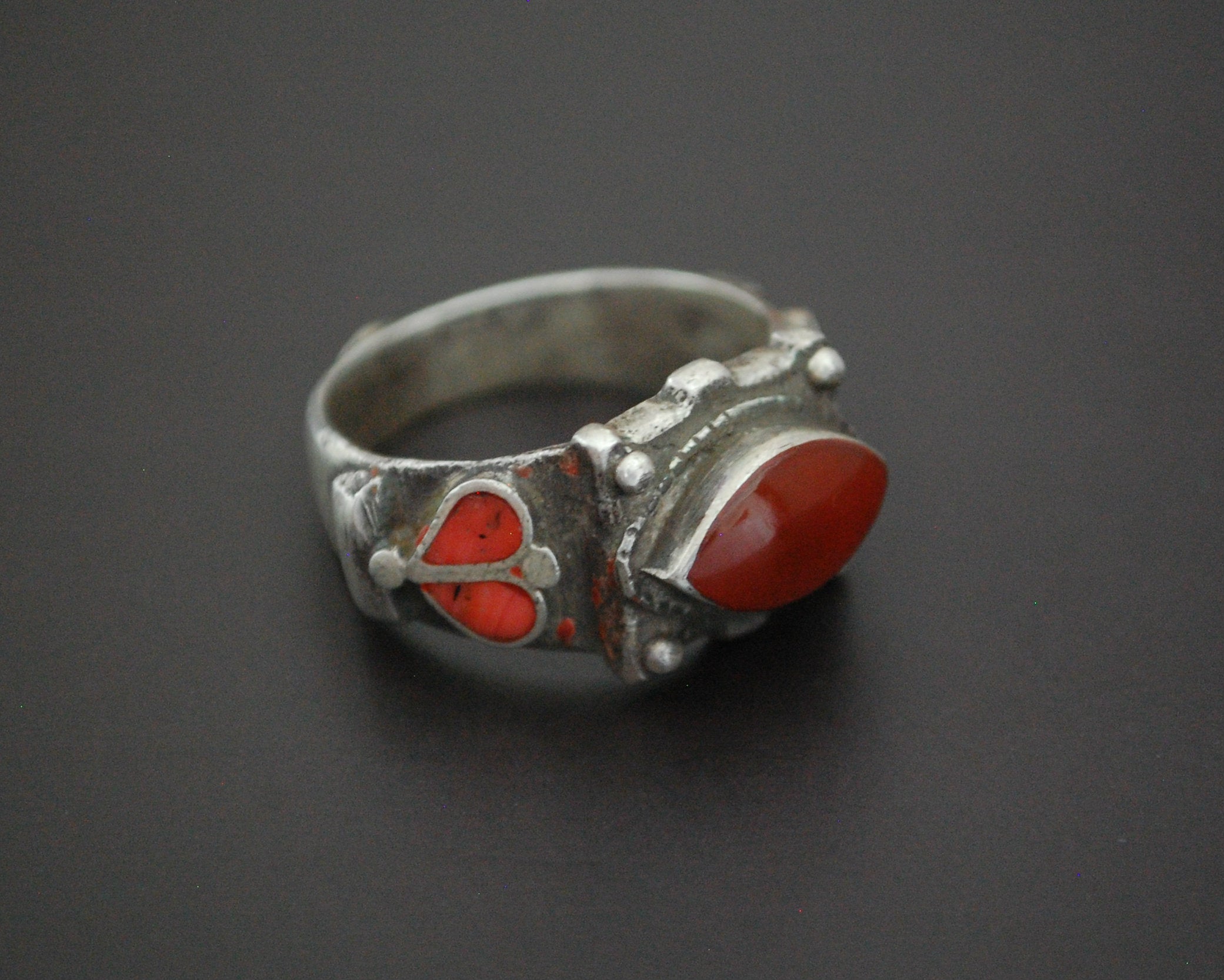 Old Afghani Coral and Carnelian Ring - Size 10.5