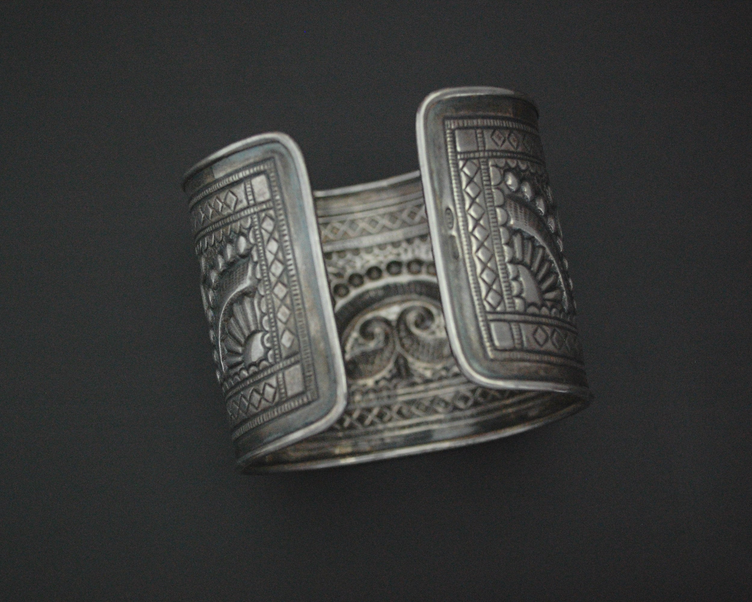 Wide Fish and Birds Silver Cuff Bracelet - Sterling Silver