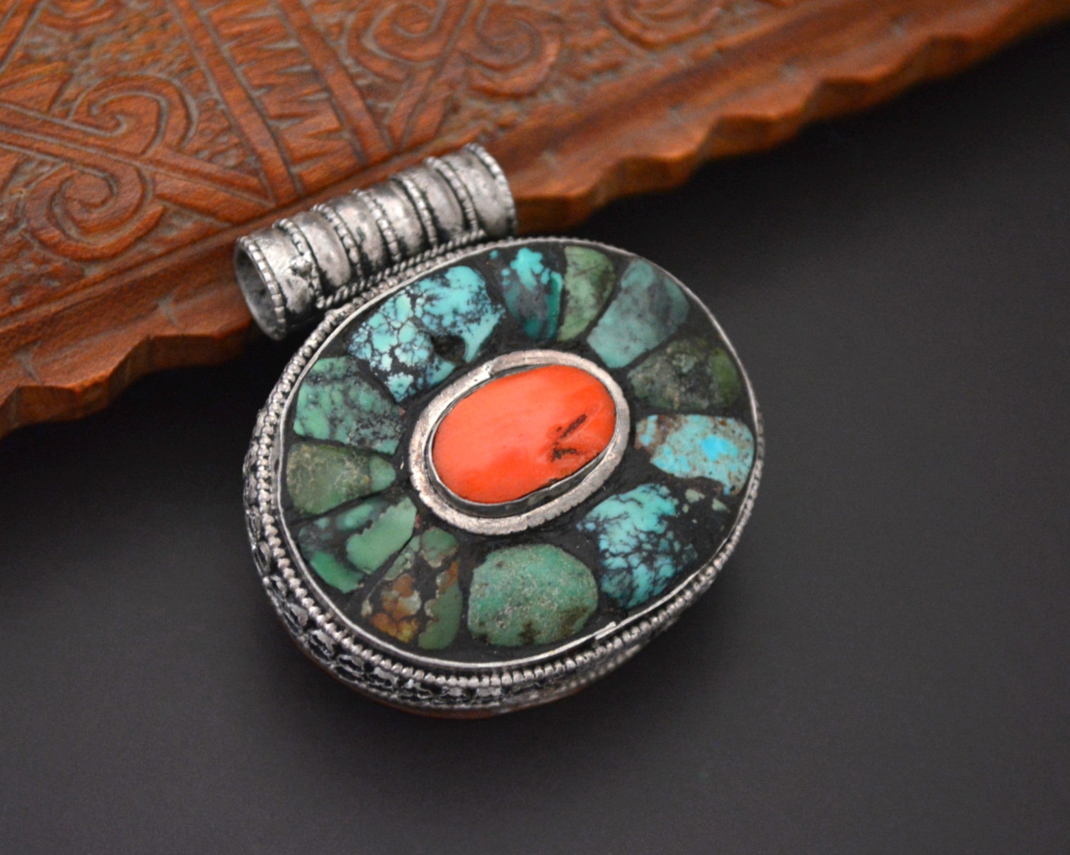 Tibetan Gau Box with Coral and Turquoise