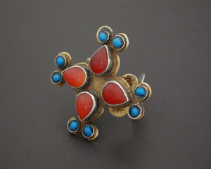 Vintage Turkmen Gilded Ring with Carnelian and Turquoise - Size 9
