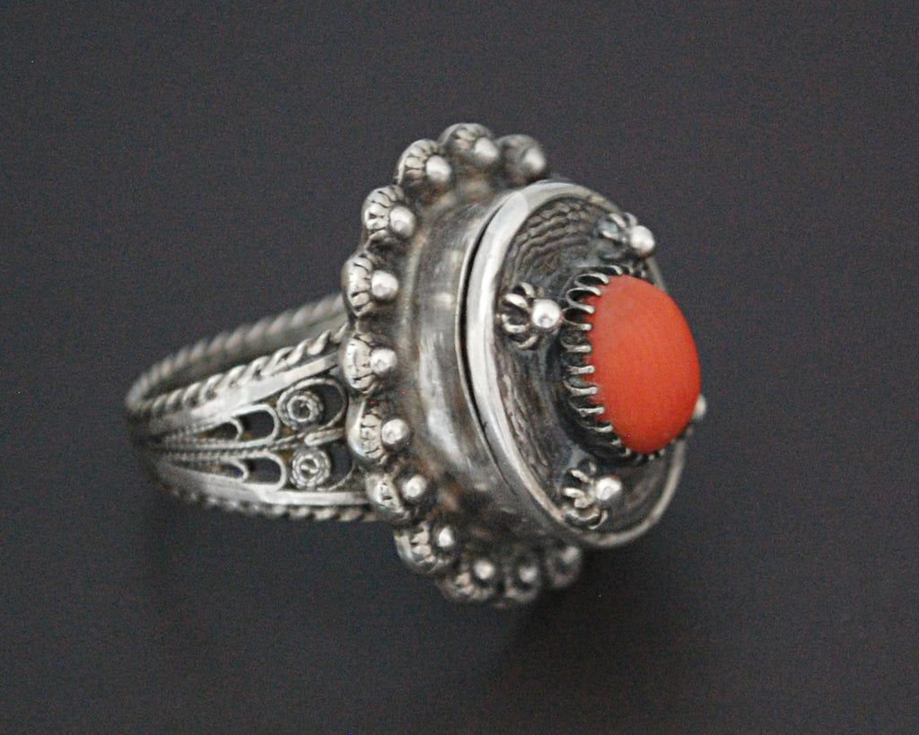 Vintage Coral Filigree Poison Ring - Size 7