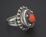Vintage Coral Filigree Poison Ring - Size 7
