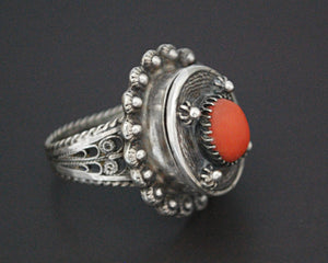 Vintage Coral Filigree Poison Ring - Size 7
