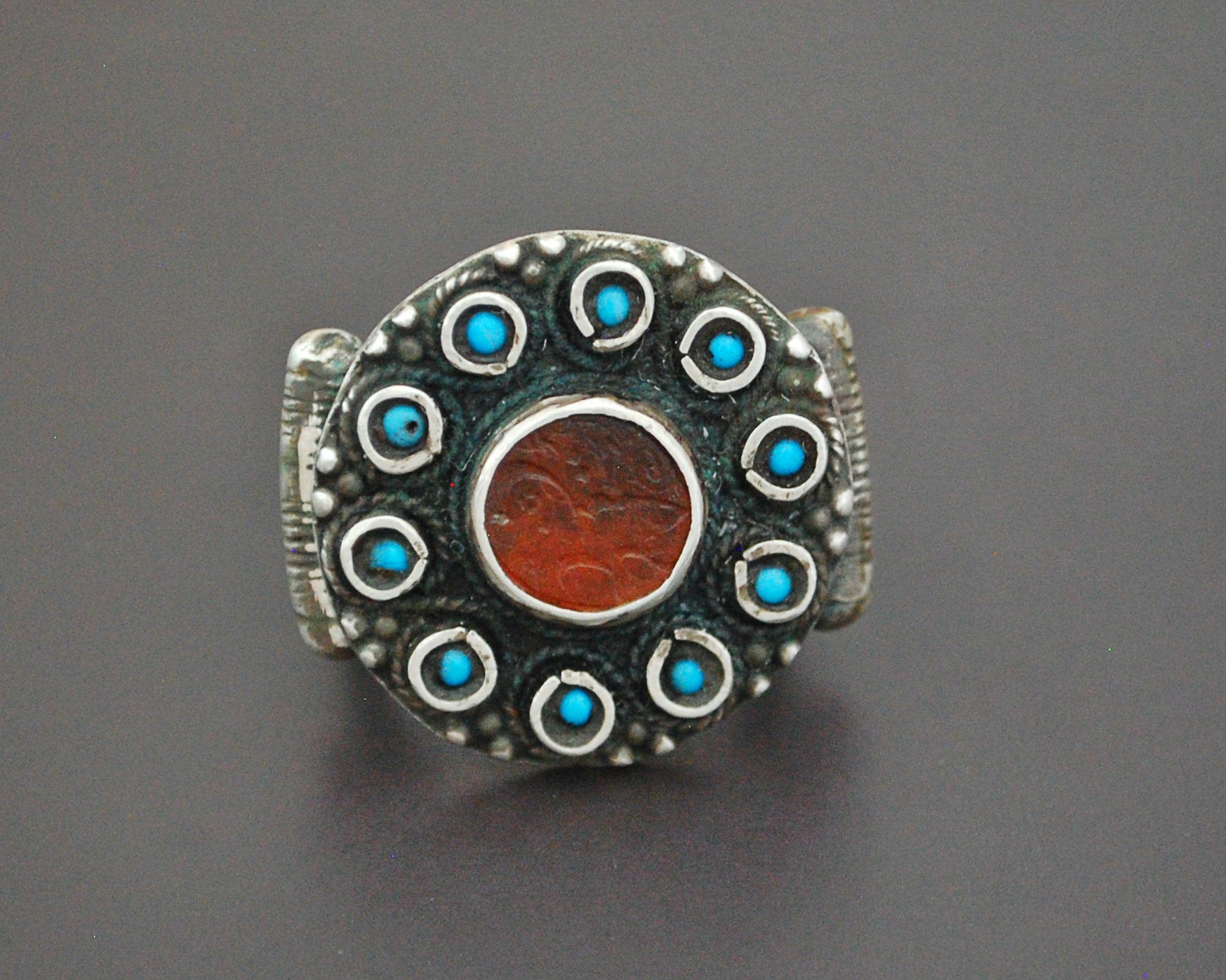 Bold Afghani Carnelian Turquoise Ring - Size 7.5