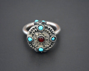 Central Asian Turquoise Garnet Silver Ring - Size 8