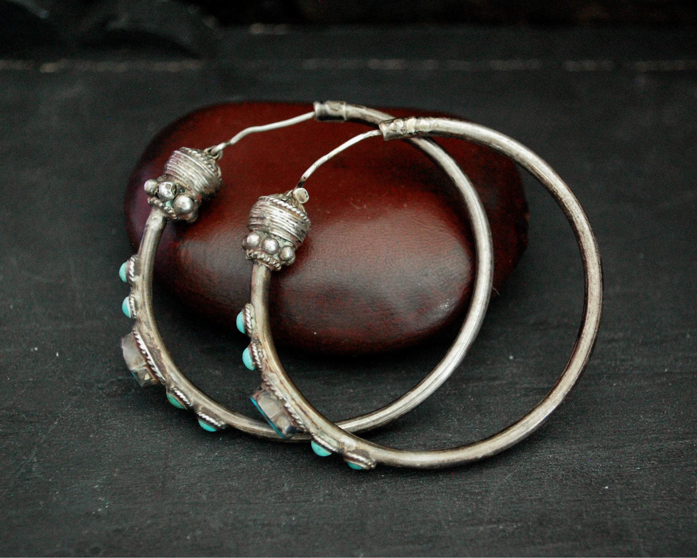Ethnic Hoop Earrings with Turquoise - LARGE