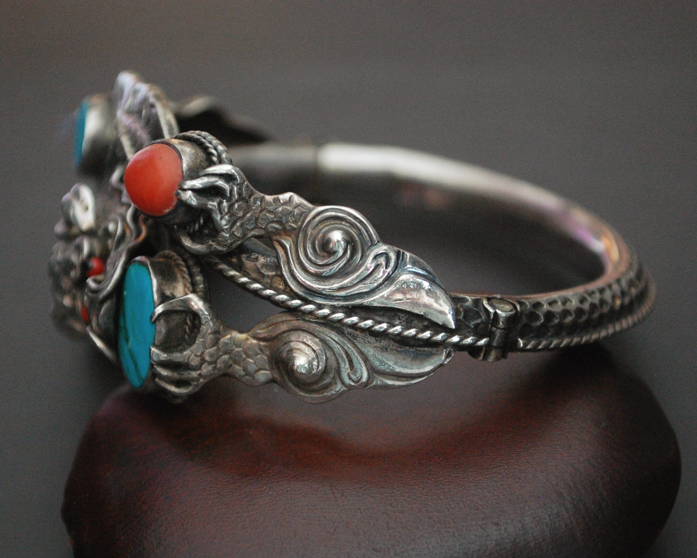 Fabulous Nepali Dragon Bracelet with Coral and Turquoises