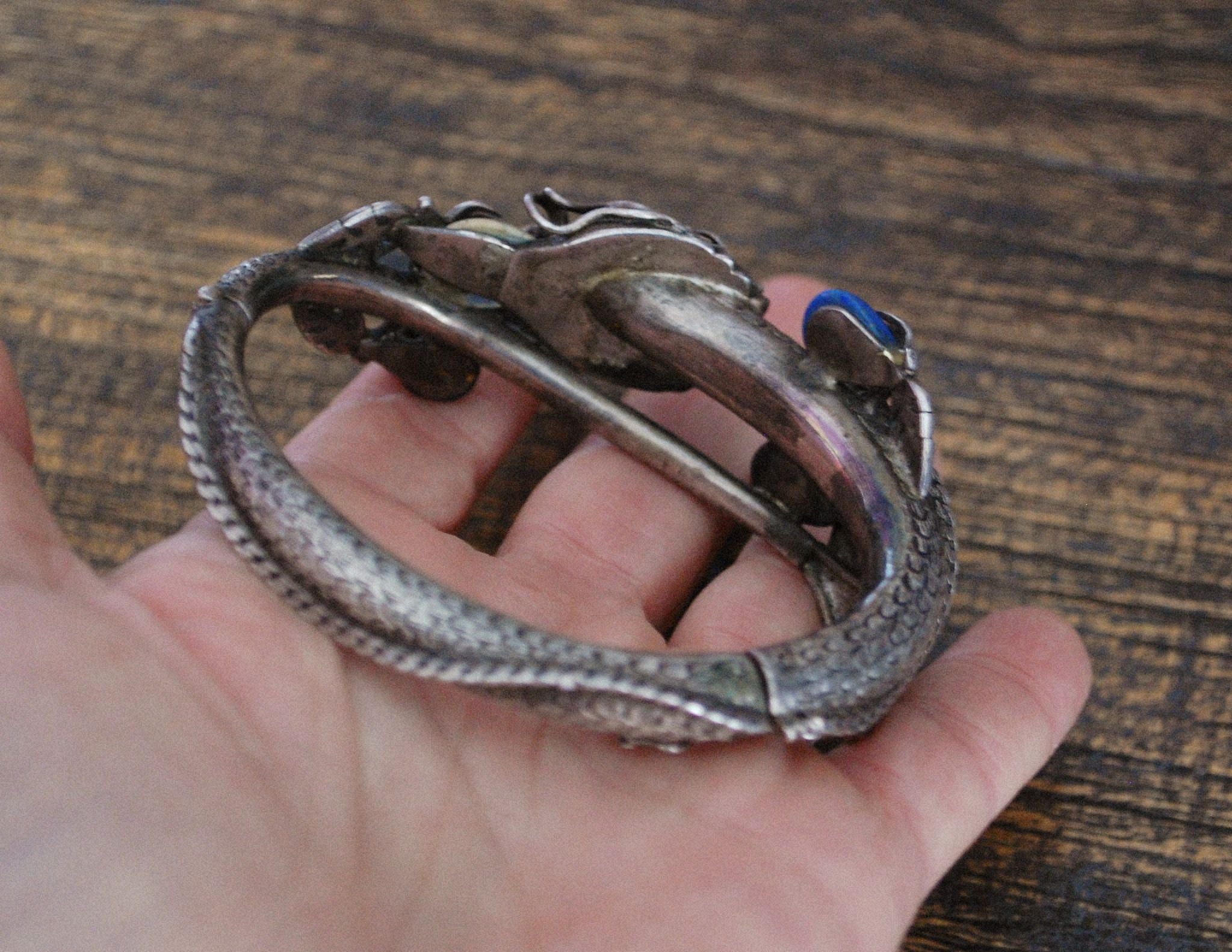 Fabulous Nepali Hinged Dragon Bracelet with Lapis Lazuli, Coral and Turquoise
