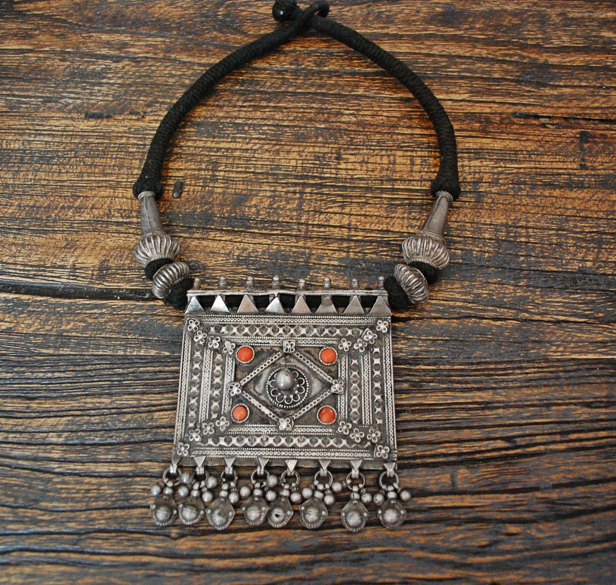Huge Indian Coral Silver Necklace on Cotton Cord