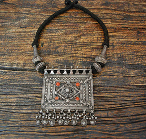 Huge Indian Coral Silver Necklace on Cotton Cord