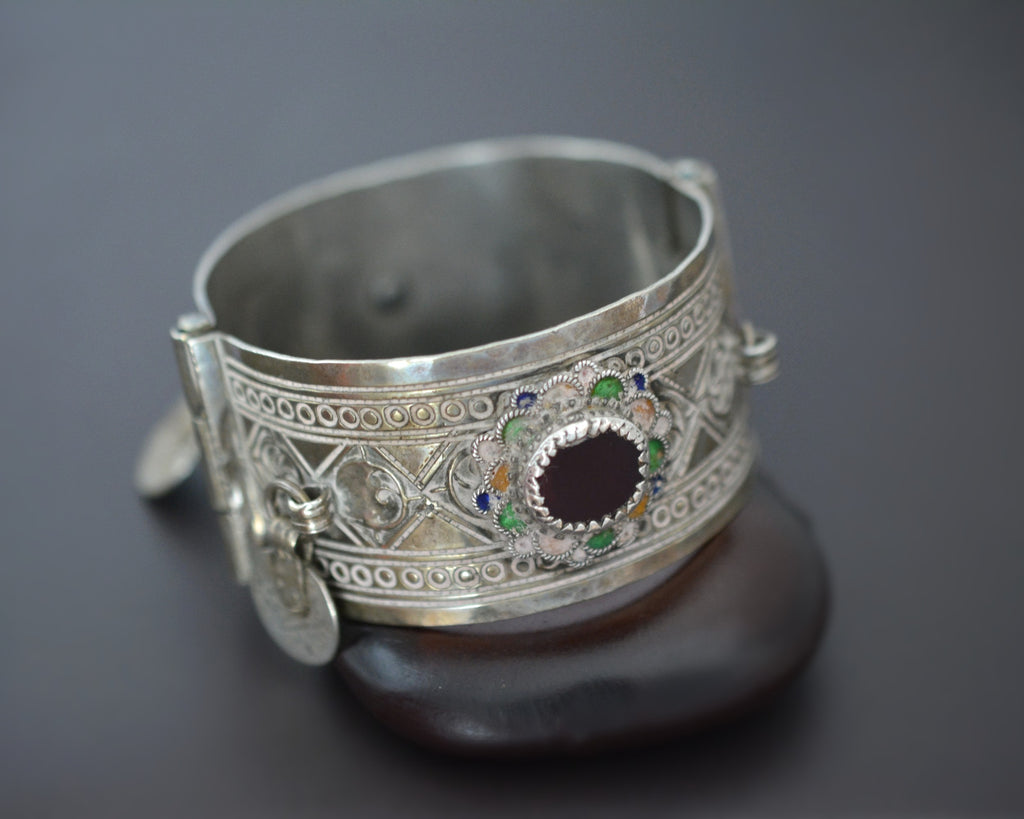 Berber Hinged Enamel Bracelet with Glass and Coins