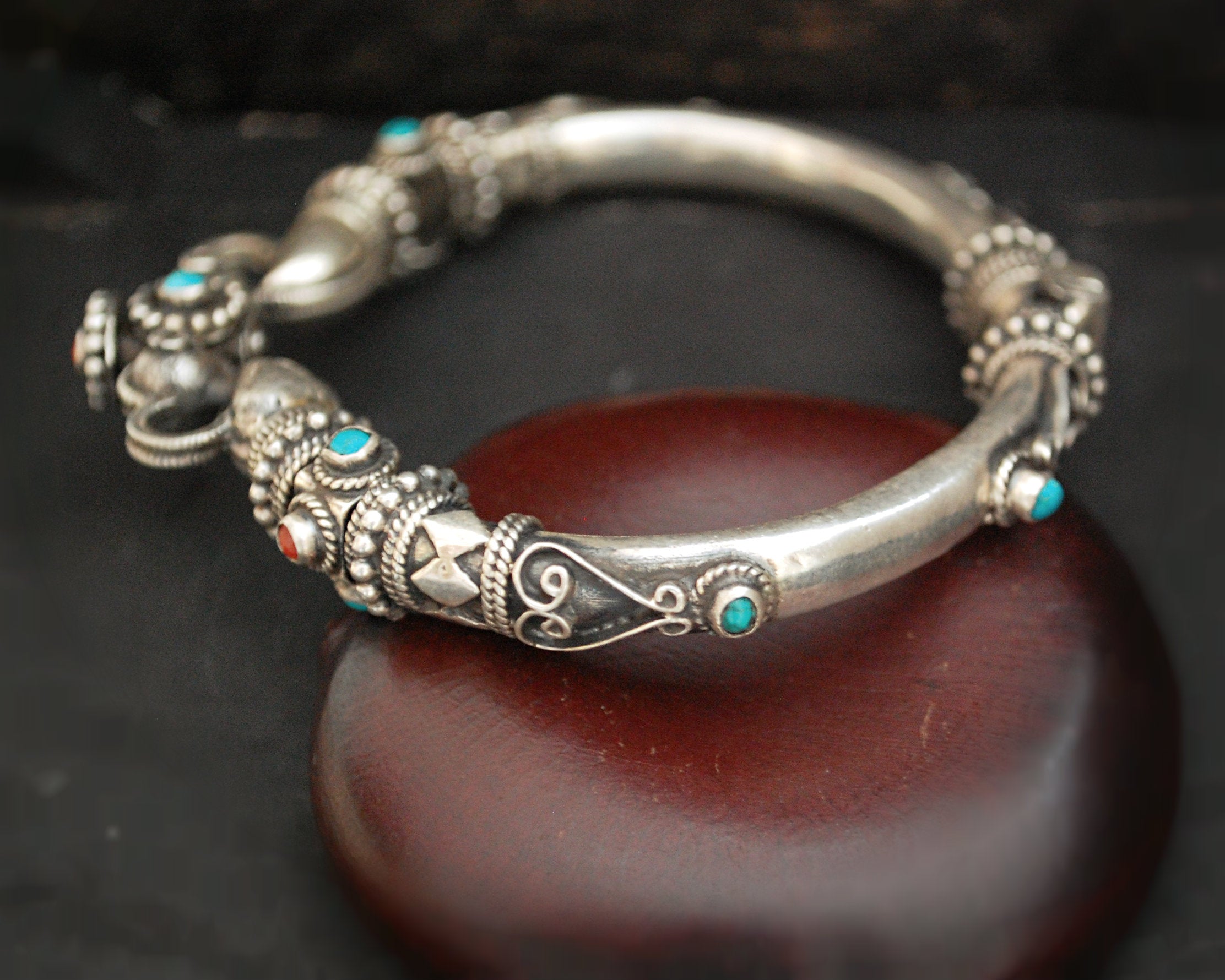 Indian Silver Bracelet with Turquoise and Coral