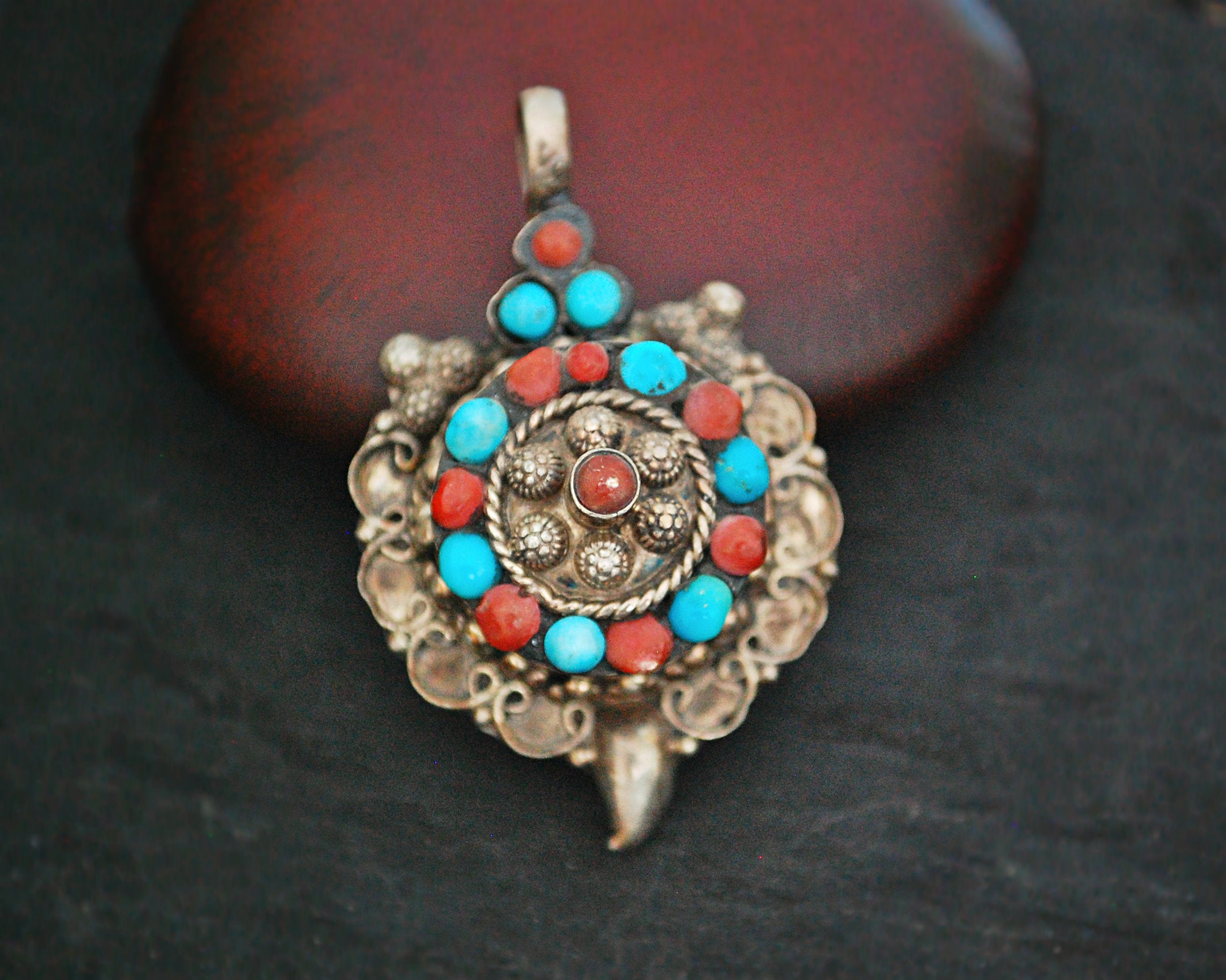 Bold Nepali Turquoise Coral Pendant