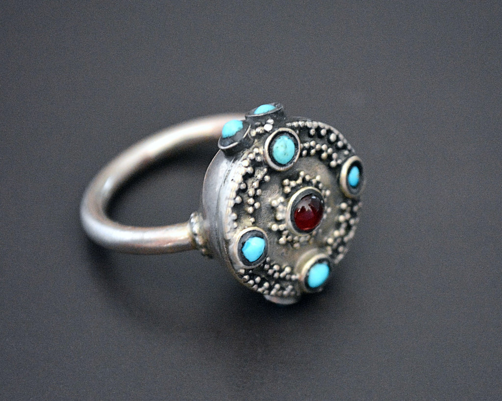 Central Asian Turquoise Garnet Silver Ring - Size 8