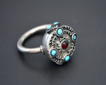 Central Asian Turquoise Garnet Silver Ring - Size 8