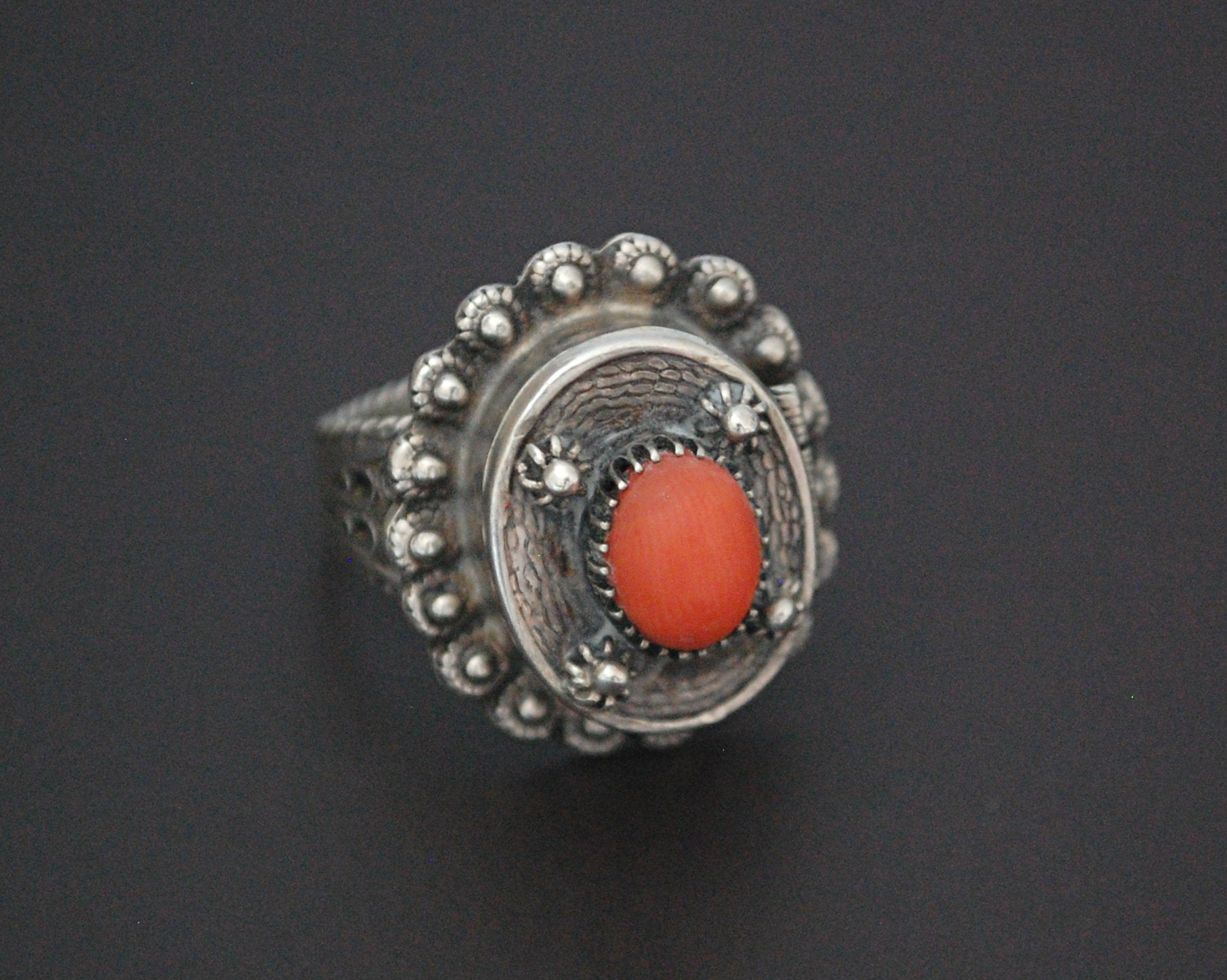Vintage Coral Filigree Poison Ring - Size 7