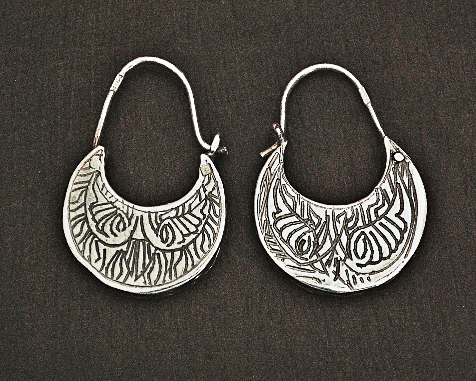 Ethnic Sterling Silver Carved Hoop Earrings
