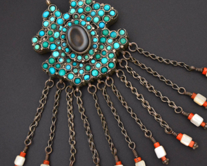 Exceptional Large Uzbek Turquoise and Coral Tassel Pendant with Eye Agate