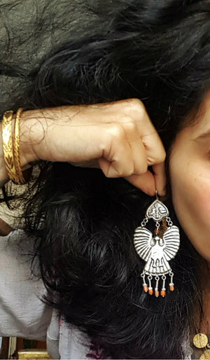 Uzbek Coral Earrings with Bird