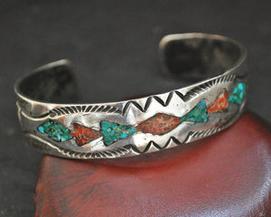 Navajo Turquoise Coral Inlay Cuff Bracelet - For Small Wrist