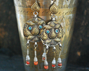 Old Uzbek Coral Turquoise and Pearl Earrings with Gilding