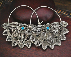 Uzbek Turquoise Filigree Hoop Earrings