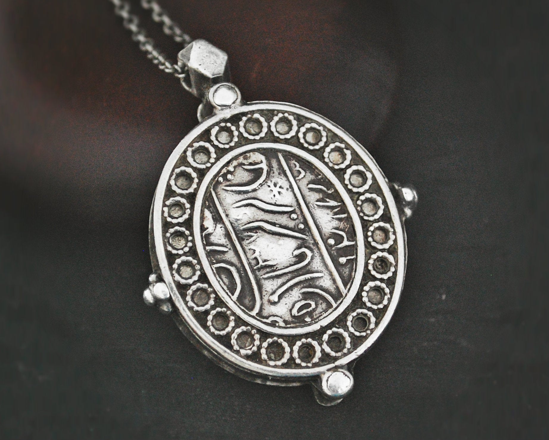 Arabic Script Locket Pendant on Silver Chain