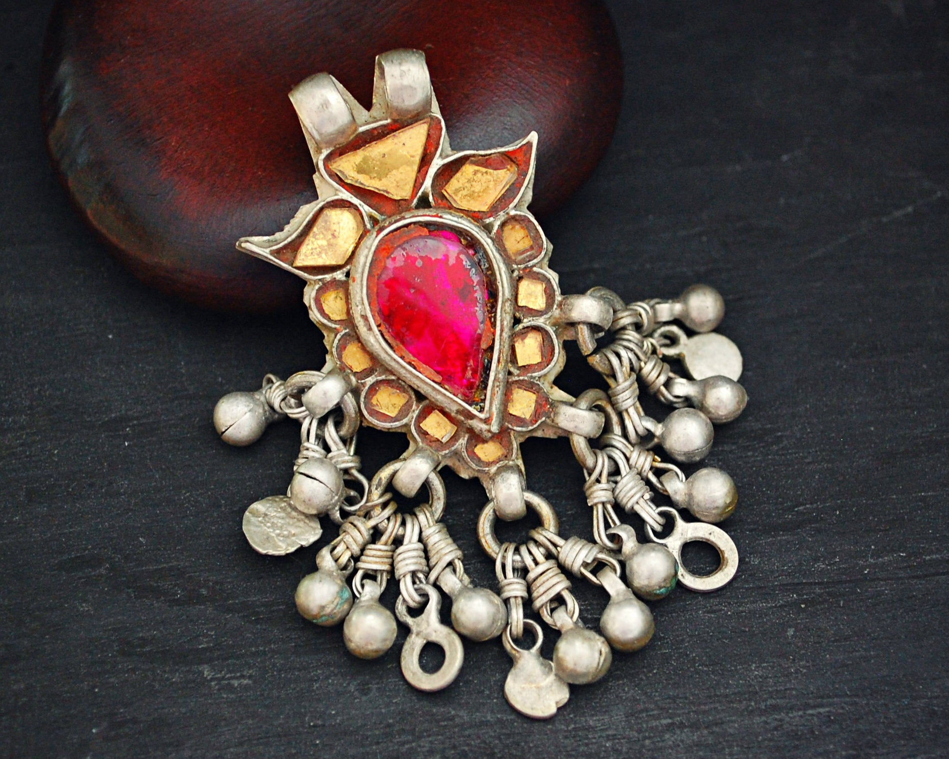 Tribal Rajasthani Glass Pendant with Bell Tassels
