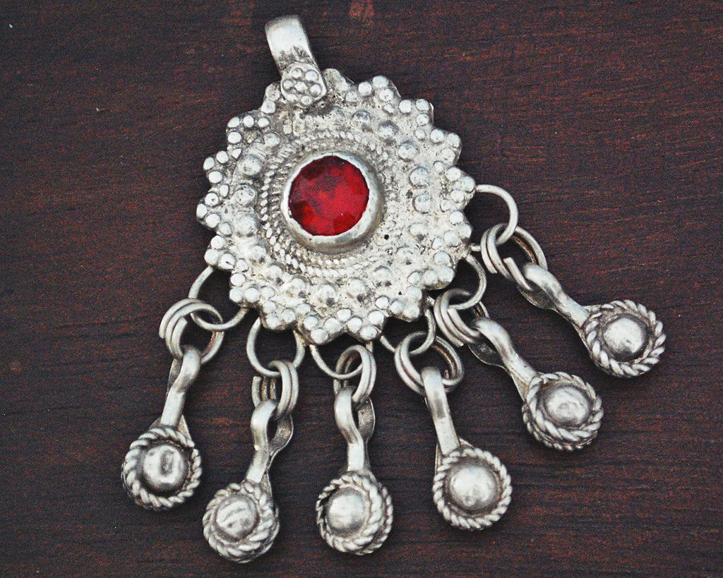 Afghani Silver Pendant with Red Glass and Bells