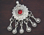 Afghani Silver Pendant with Red Glass and Bells
