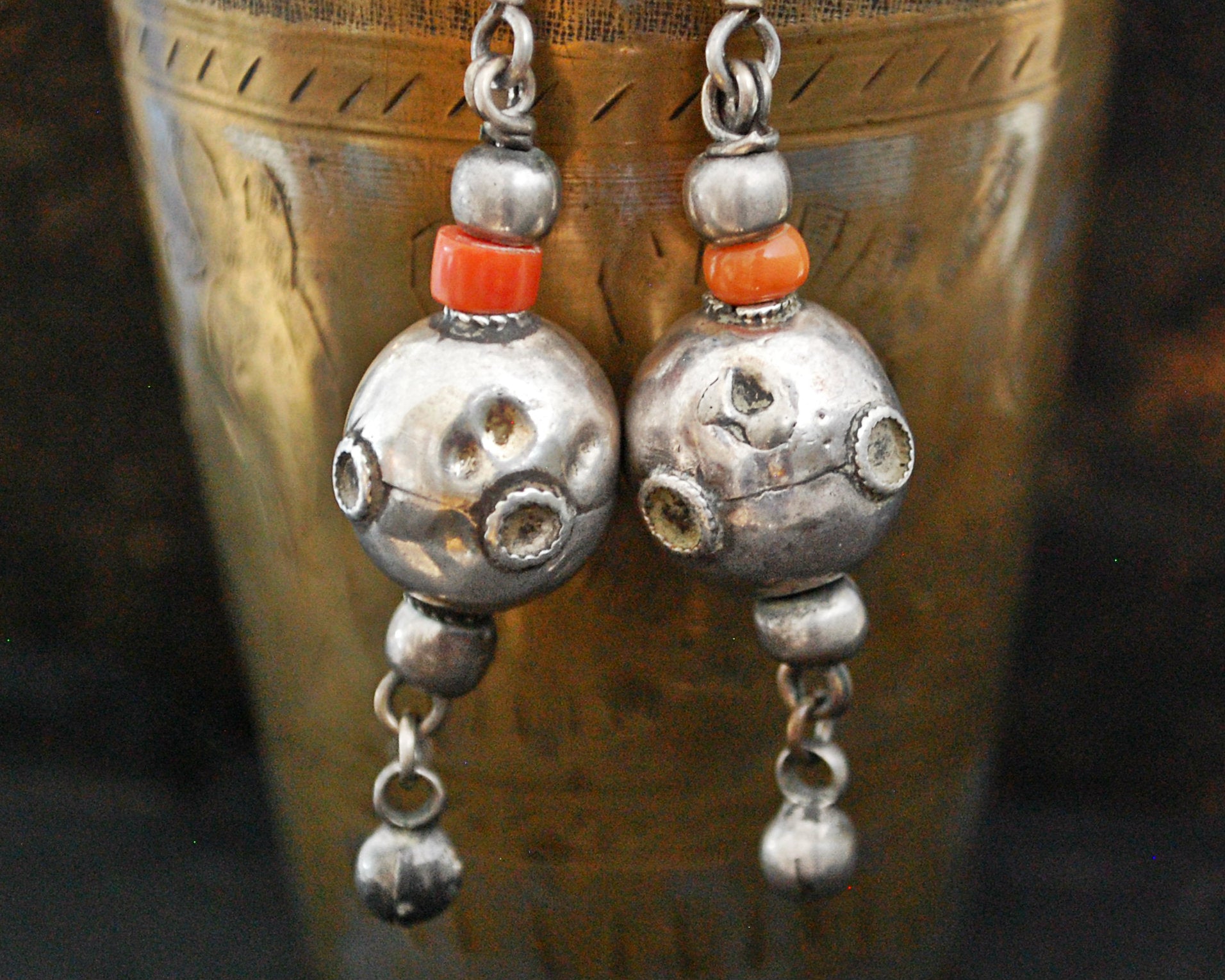 Afghani Silver Coral Dangle Earrings