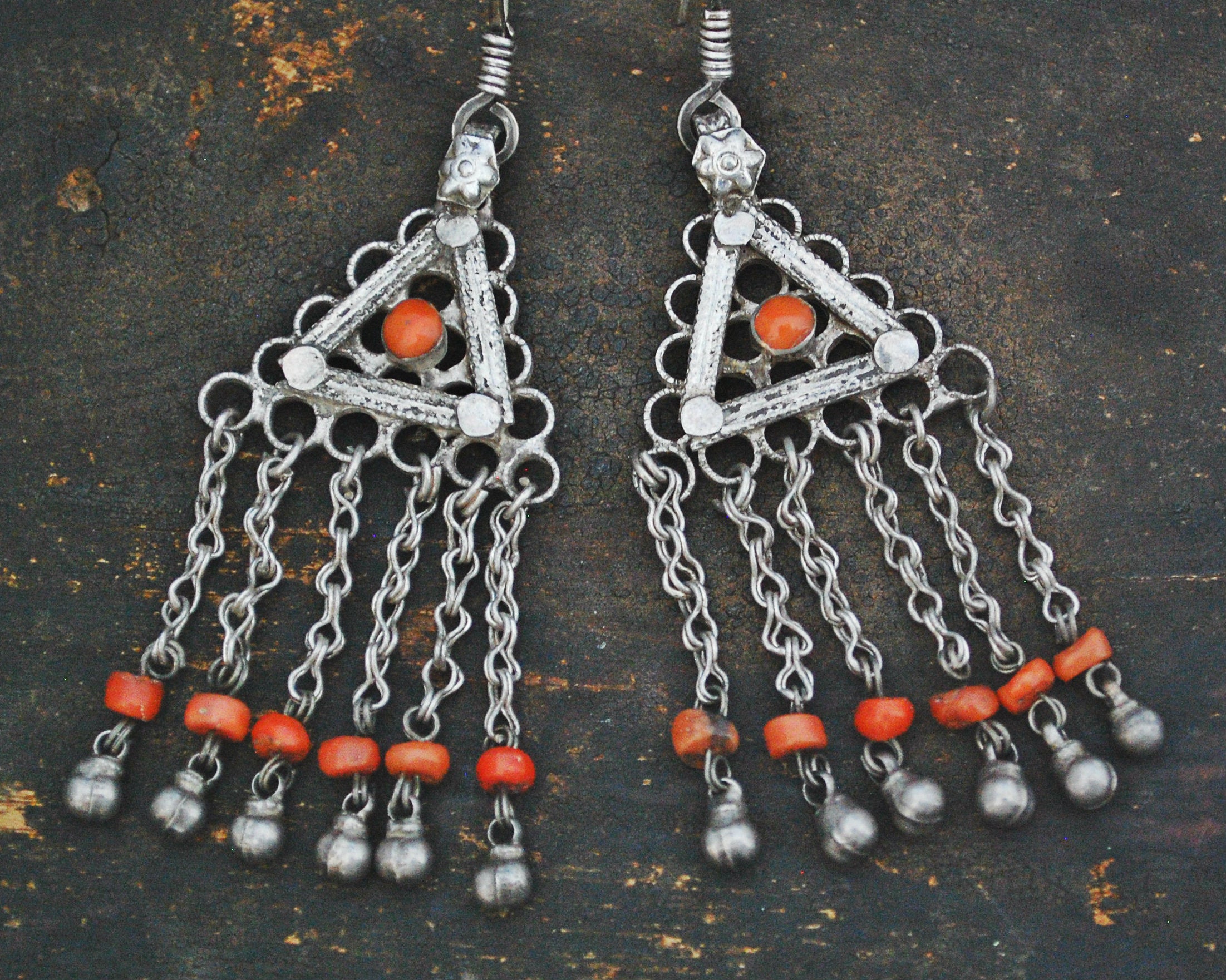Uzbek Coral Earrings with Bell Dangles