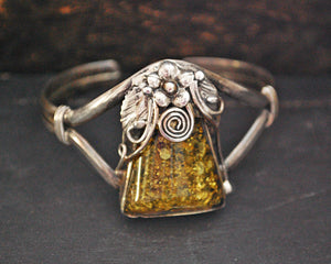 Native American Amber Cuff Bracelet with Flower