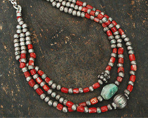 Tibetan Multistrand Coral and Turquoise Necklace with Silver Beads
