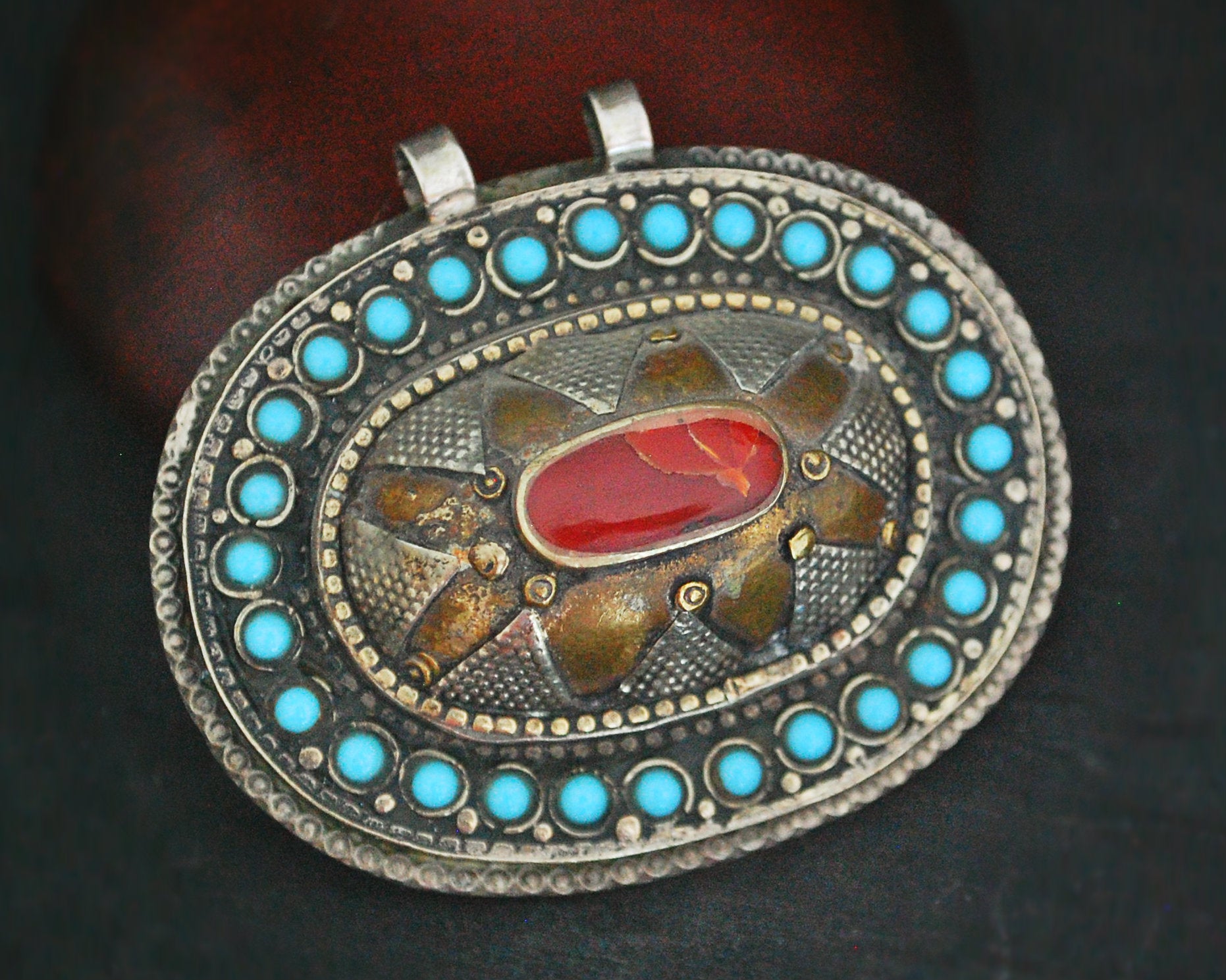 Kazakh Gilded Pendant with Carnelian and Turquoise