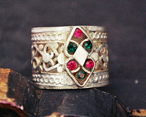 Antique Afghani Openwork Band Ring with Glass Stones - Size 8
