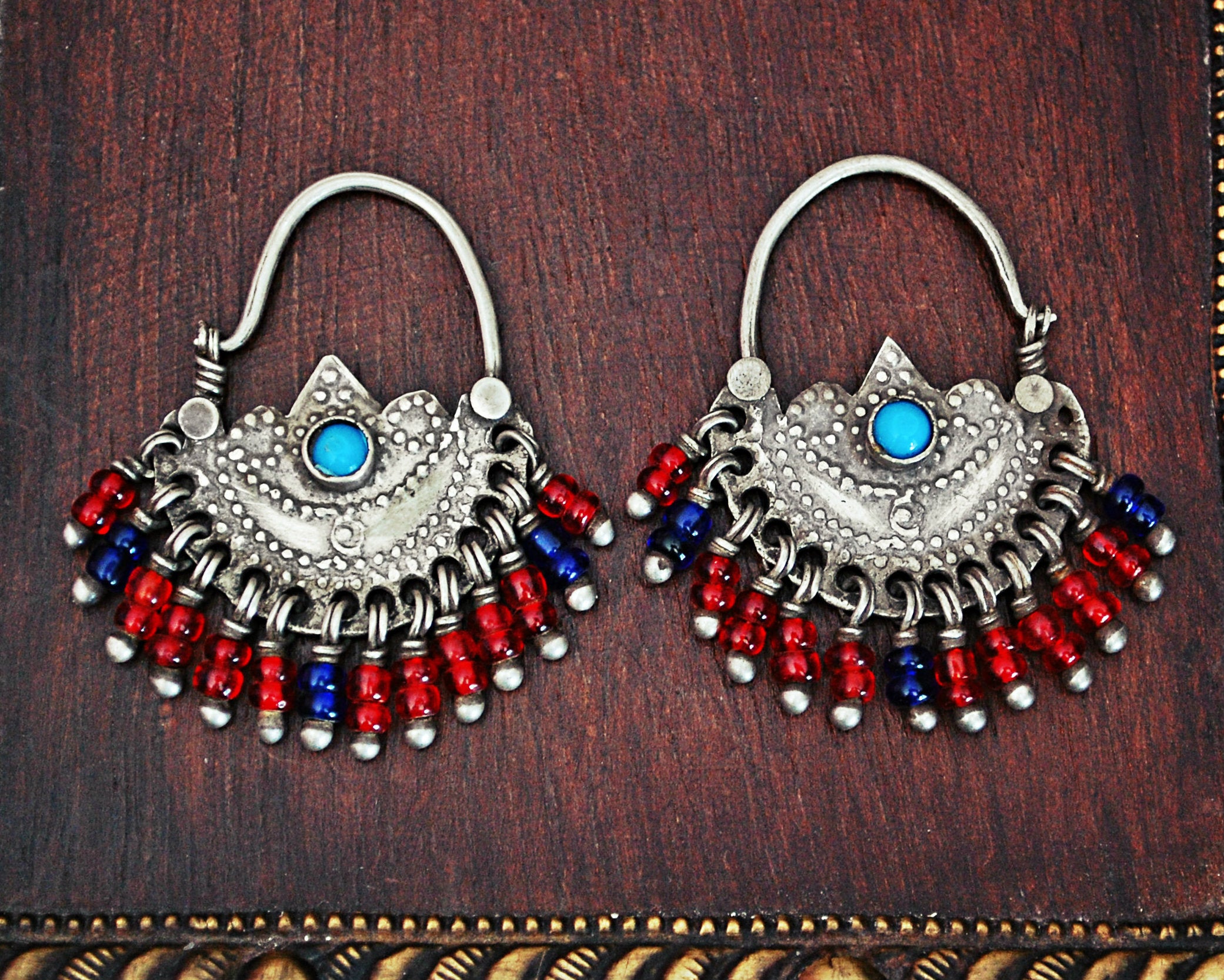 Afghani Hoop Earrings with Glass Bead Tassels